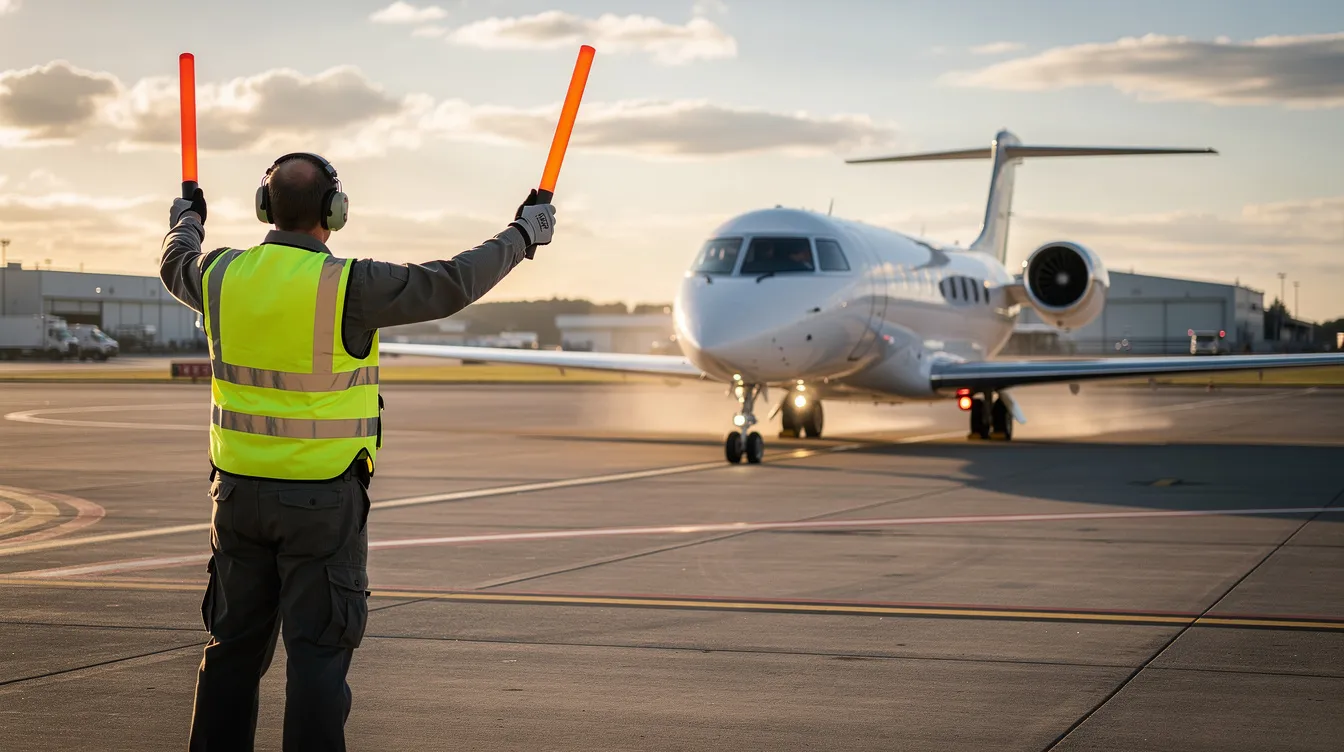 A ground crew member is guiding a private jet on the tarmac at Palm Springs International Airport, showcasing the efficient line service provided by Atlantic Aviation. The scene captures the vibrant atmosphere of this desert paradise, where pilots and travelers connect seamlessly.