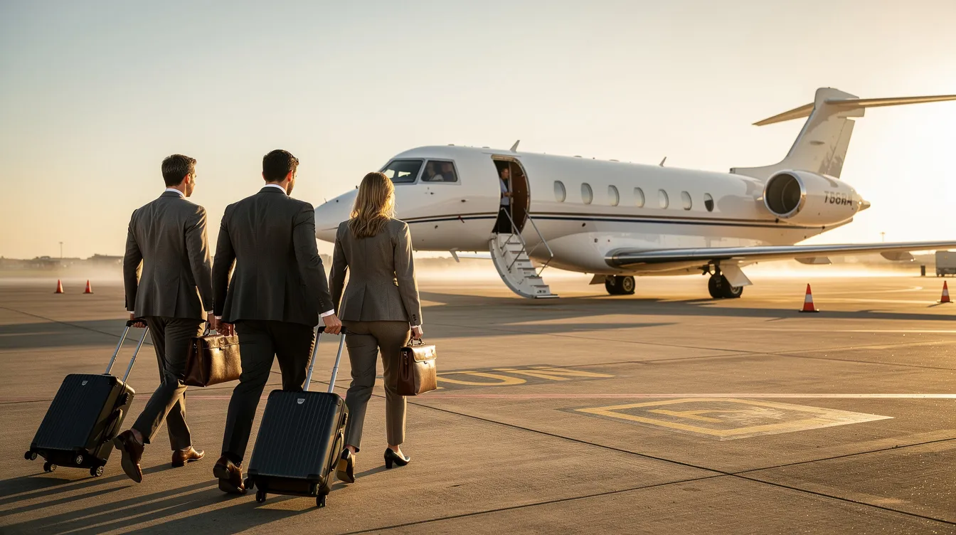 A group of business travelers is walking toward a Hawker Beechcraft private jet on the airport tarmac, preparing to board the aircraft for their journey. The Hawker 800XP, known for its comfortable seating and impressive range, awaits them as they approach the aircraft.