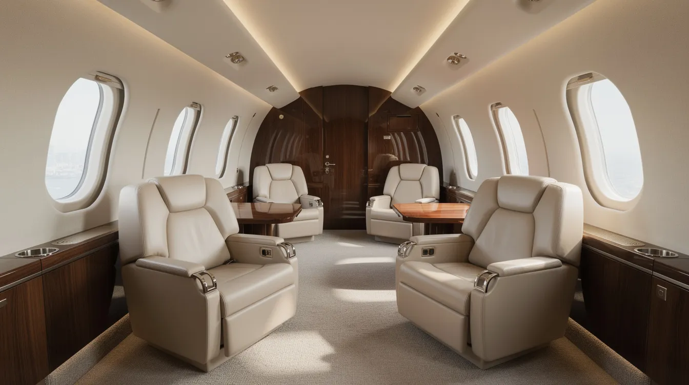 The image depicts the interior of a large private jet cabin, featuring spacious seating arrangements and elegant wood-paneled walls, showcasing the luxury amenities typical of high-end business aviation. This environment provides ample space for passengers, making it ideal for both business and leisure travel.