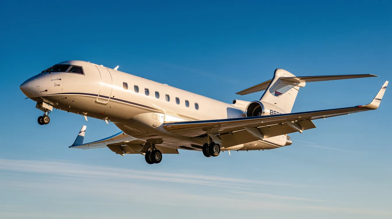 A sleek modern private jet soars through a clear blue sky, showcasing the elegance of private aviation. This aircraft, ideal for business and leisure travel, represents the luxury and comfort associated with popular light jet models, offering ample cabin space and high-speed internet for its passengers.