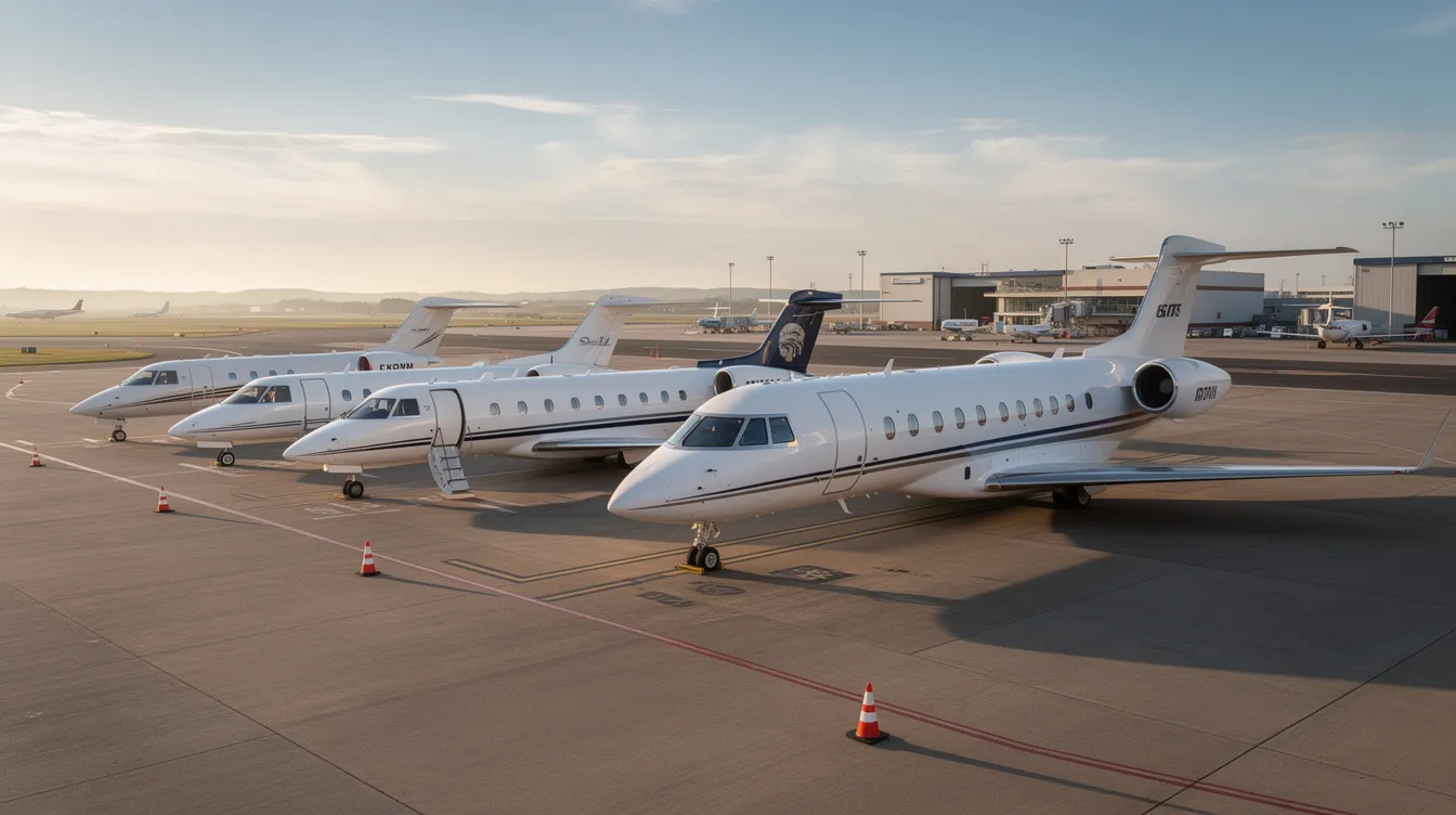 The image depicts a lineup of various private jets parked on an airport tarmac, showcasing a range of sizes from very light jets to large cabin aircraft. This scene highlights the diversity of private aviation, emphasizing the types of private jets available for business and leisure travel, each equipped with luxurious features and ample cabin space.