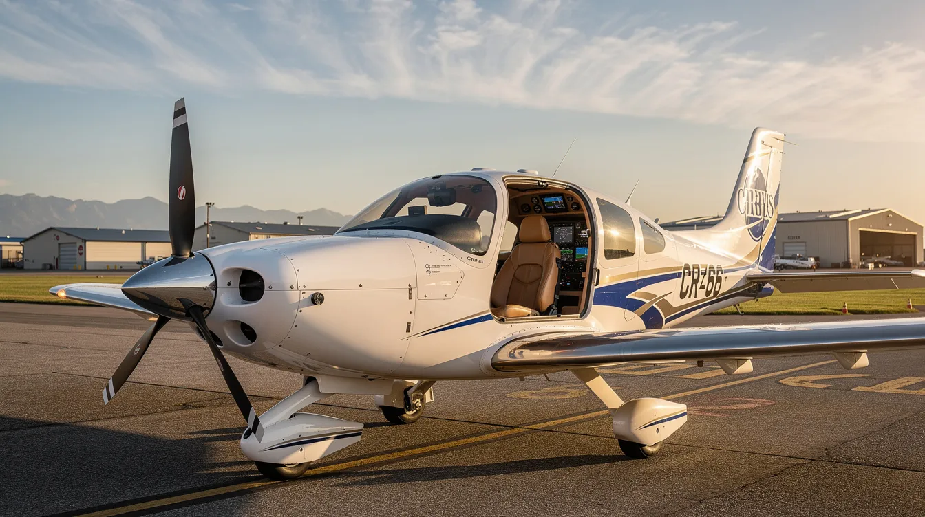 The image showcases a sleek Cirrus Aircraft, specifically the Cirrus SR20 model, known for its advanced safety features like the Cirrus Airframe Parachute System. This technologically advanced aircraft is part of a rental fleet available for personal aviation and flight training, appealing to both new and experienced pilots seeking to enhance their skills.