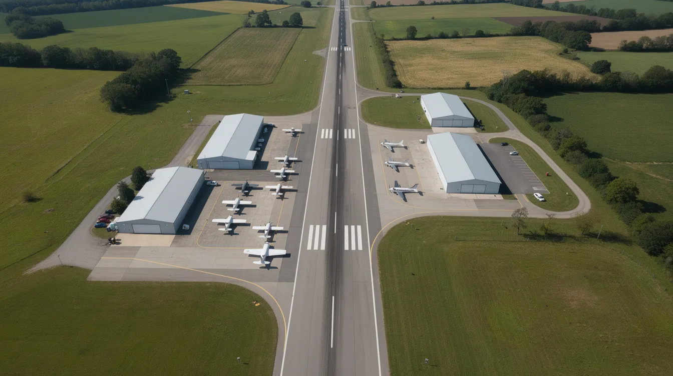 An aerial view of a small regional airport showcases multiple hangars and parked aircraft, highlighting the aviation industry’s commitment to safety and professionalism. The scene emphasizes the airport's amenities, including rental cars and concierge services, creating an inviting atmosphere for pilots and clients alike.