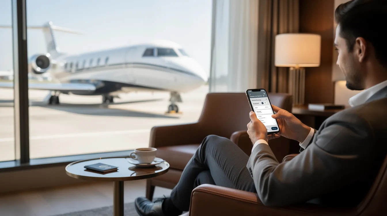 A person is using a smartphone to book travel arrangements, with a luxurious private jet visible through a window, highlighting the commitment to excellence in the aviation industry. The scene captures the professionalism and amenities associated with private jet services, ensuring a seamless journey for clients.