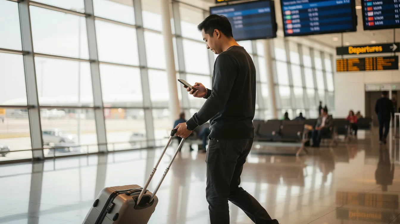 A traveler is walking through an airport terminal while checking flight status on their smartphone, utilizing the Southwest app to obtain up-to-date information about their scheduled departure time and any potential delays. The person appears focused on their travel plans, ensuring they stay informed about their flight number and gate location.