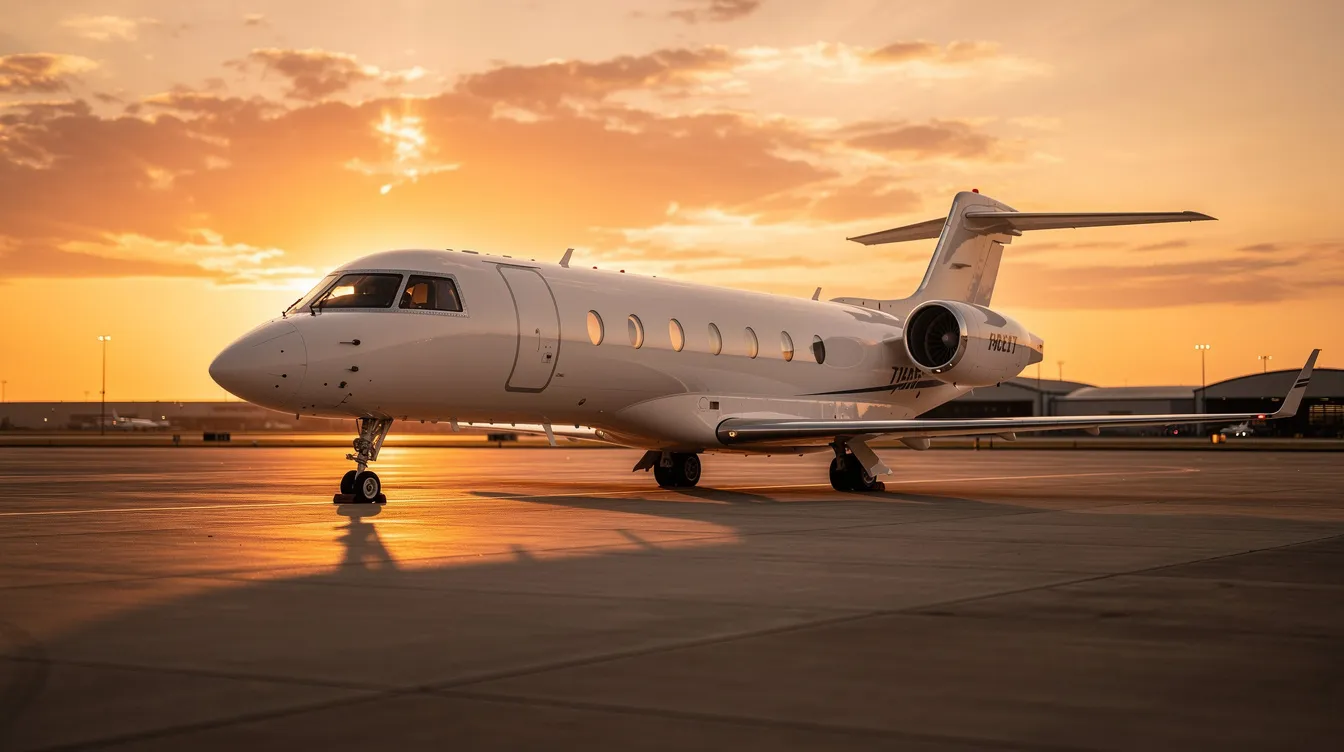 A Beechjet 400A light jet is parked on a tarmac, silhouetted against a warm orange sunset sky. The aircraft, designed to comfortably accommodate up to eight passengers, showcases its sleek exterior and spacious cabin, reflecting the reliability and performance expected from Hawker Beechcraft.