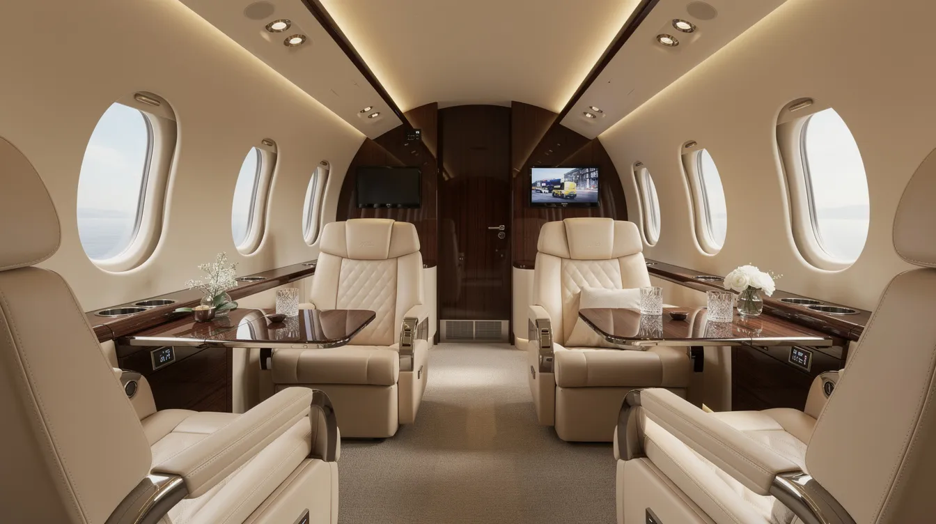 The image depicts a luxurious private jet cabin interior featuring cream leather seats and elegant wood accents, designed to comfortably accommodate eight passengers. This Beechjet 400A interior showcases a spacious cabin with a refined atmosphere, ideal for relaxing during flights.