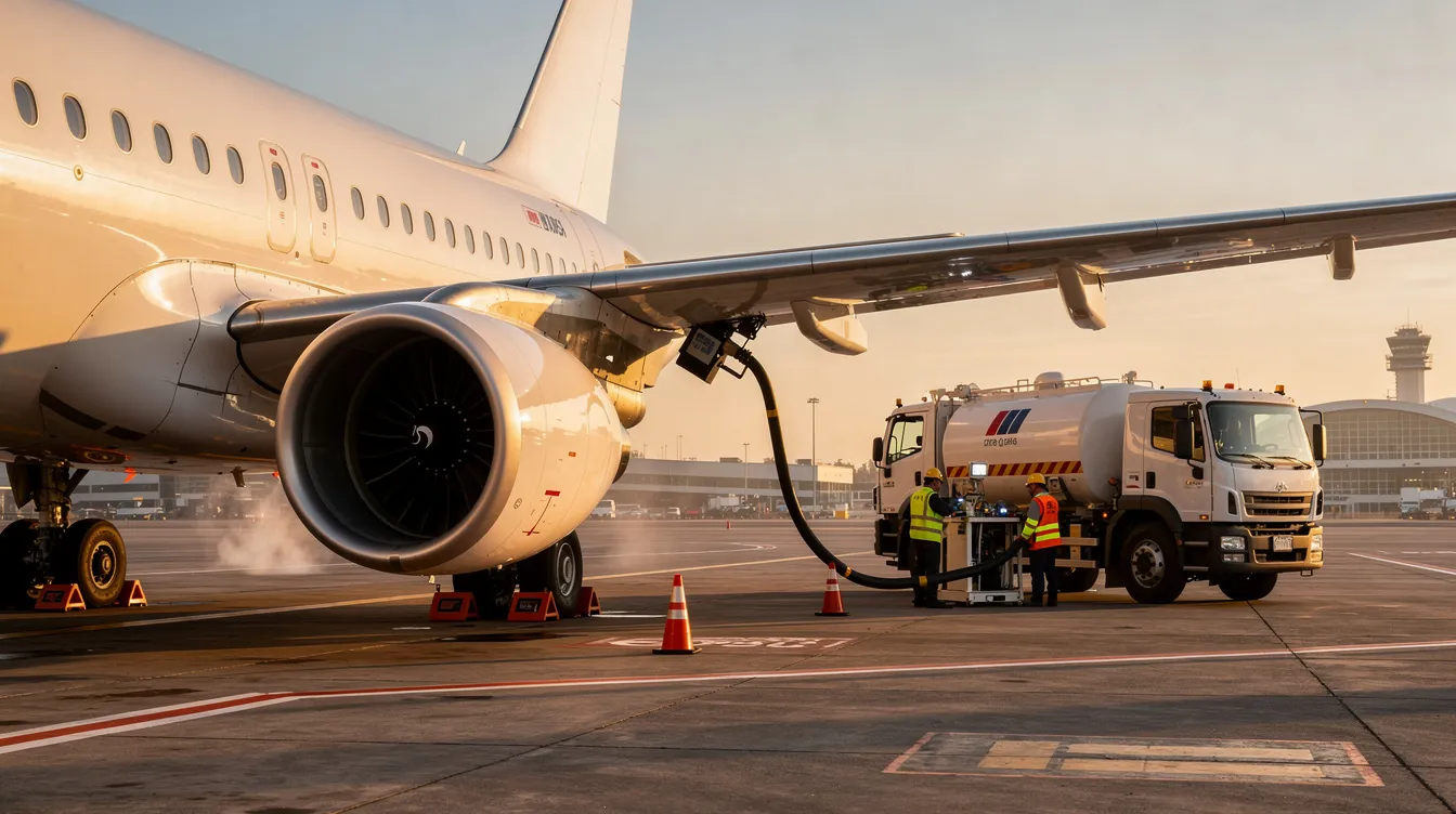 A commercial aircraft, specifically the Airbus A380, is being refueled on the airport tarmac by a fuel truck, highlighting the operational aspects of the aviation industry. This scene reflects the importance of fuel efficiency and managing operating costs for major carriers like Singapore Airlines and Emirates.