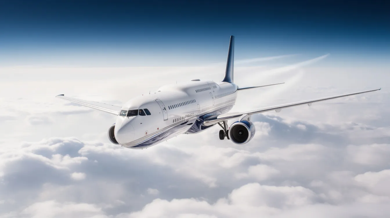 A large double-deck passenger aircraft, specifically the Airbus A380, soars above a sea of clouds, showcasing its impressive wingspan and dual-engine design. As the world's largest passenger aircraft, it is favored by major carriers like Singapore Airlines and Emirates for long haul flights due to its high seating capacity and fuel efficiency.