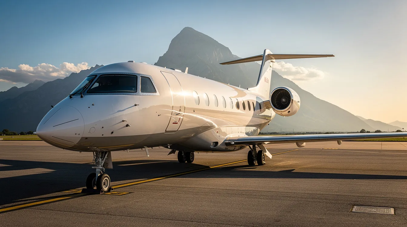 A sleek business jet is positioned on a runway, with majestic mountains rising in the background. This scene captures the essence of aviation, showcasing the elegance of commercial aircraft against a stunning natural landscape.