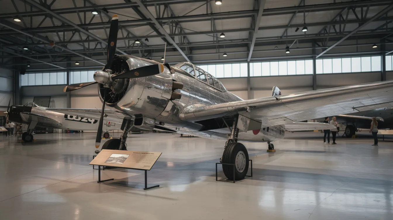 The image shows a vintage propeller aircraft showcased inside an aviation museum hangar, with the aircraft's polished exterior reflecting the ambient light, providing a glimpse into aviation history. This display highlights the rich aviation culture, potentially attracting visitors from the Joplin Regional Airport area in Missouri.