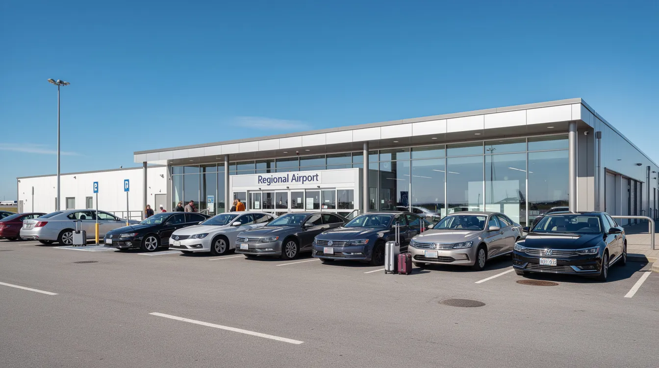 The image shows the Joplin Regional Airport terminal building with parked cars in front, set against a clear blue sky. This regional airport in Joplin, MO, serves as a hub for aviation services and flight training.