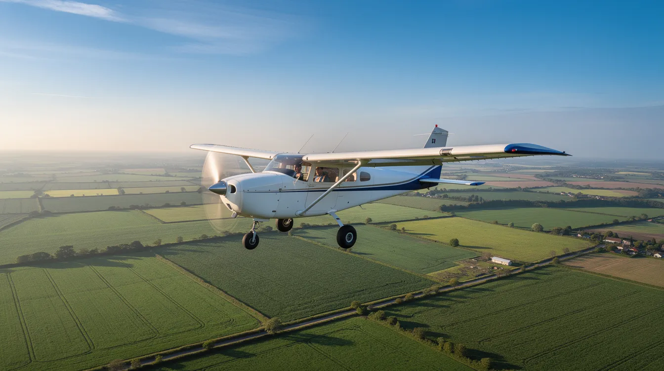 A single-engine training aircraft is soaring over lush green farmland on a clear day, showcasing the beauty of aviation in Missouri. This scene captures the essence of flight training, highlighting the connection between Joplin, MO, and the surrounding landscapes.