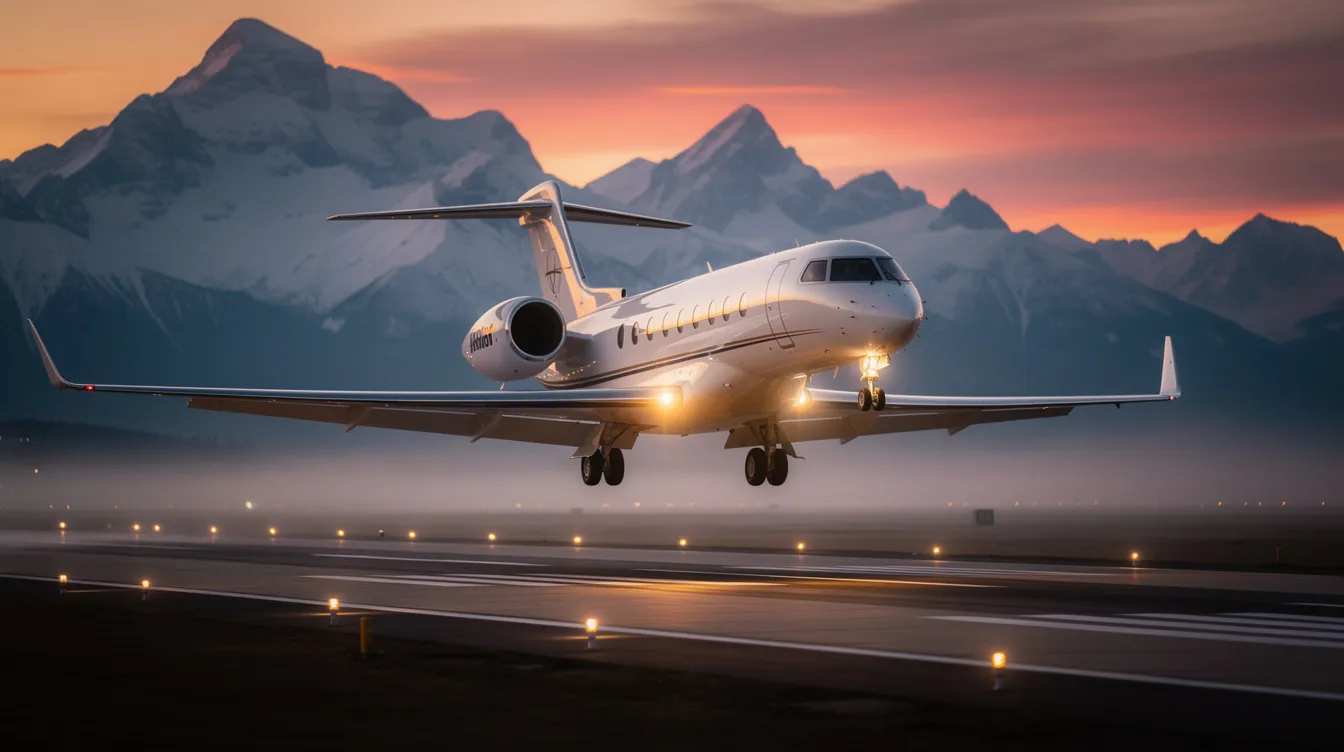 A private jet is landing at sunset against a stunning mountain backdrop, highlighting the luxury and convenience of private jet travel. This scene captures the essence of personalized service and seamless travel experiences that demand private jet charters offer to both leisure and business travelers.