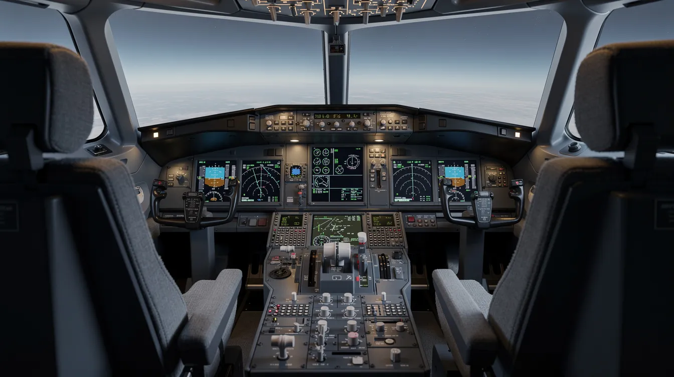 The image depicts the interior of an aircraft cockpit, showcasing multiple digital display screens that provide essential flight information for pilots. This advanced flight deck is designed for turboprop aircraft, highlighting the capabilities and performance features crucial for regional airlines and major operators.