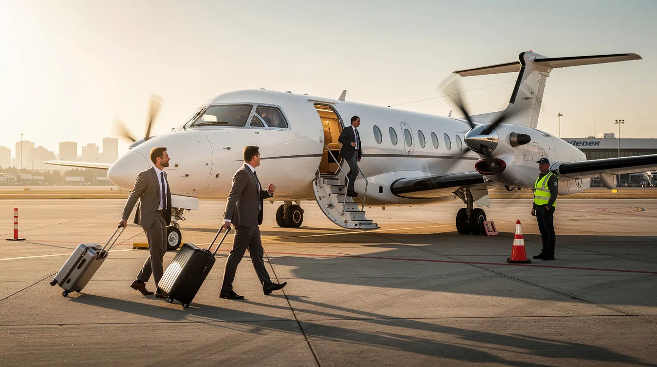 Business travelers are seen boarding a Beechcraft King Air turboprop aircraft on an airport ramp, showcasing its new exterior paint and executive interior. The aircraft, equipped with advanced features like a Garmin G1000 panel and dual aft body strakes, is ready for flight with a completed landing gear inspection.