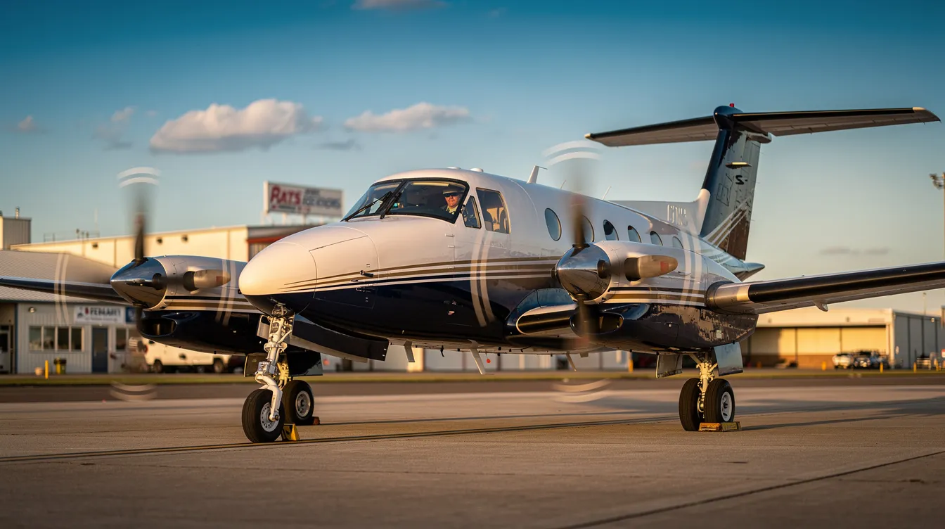 The image features a Beechcraft King Air, showcasing its sleek design with new exterior paint and a well-maintained corporate interior. The aircraft is equipped with advanced features such as a Garmin G1000 panel, dual aft body strakes, and landing gear that has recently passed inspection, making it an ideal option for buyers in the market for a King Air 200 or 350.