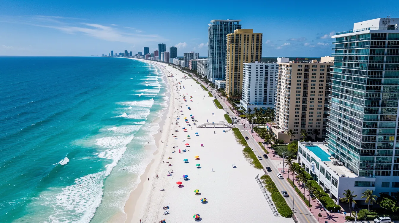An aerial view of the Miami coastline showcases the sandy beach lined with high-rise buildings, reflecting the vibrant atmosphere of the city. This picturesque scene highlights the allure of private jet travel to popular destinations, where one can enjoy the sun and surf while considering private jet charter options for their next getaway.