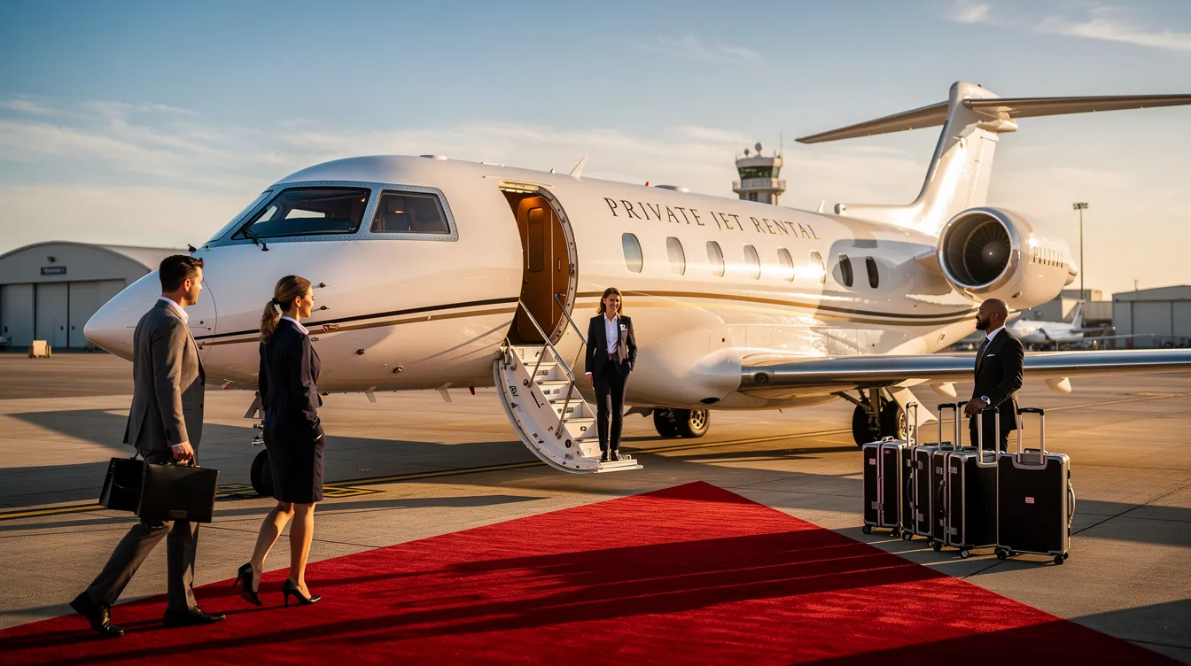 The image depicts a luxurious private jet, showcasing its spacious cabin and sleek design, emphasizing the high-end experience of private jet travel. It highlights various aircraft options available for charter flights, with a focus on private jet rental costs and additional services that enhance the journey.