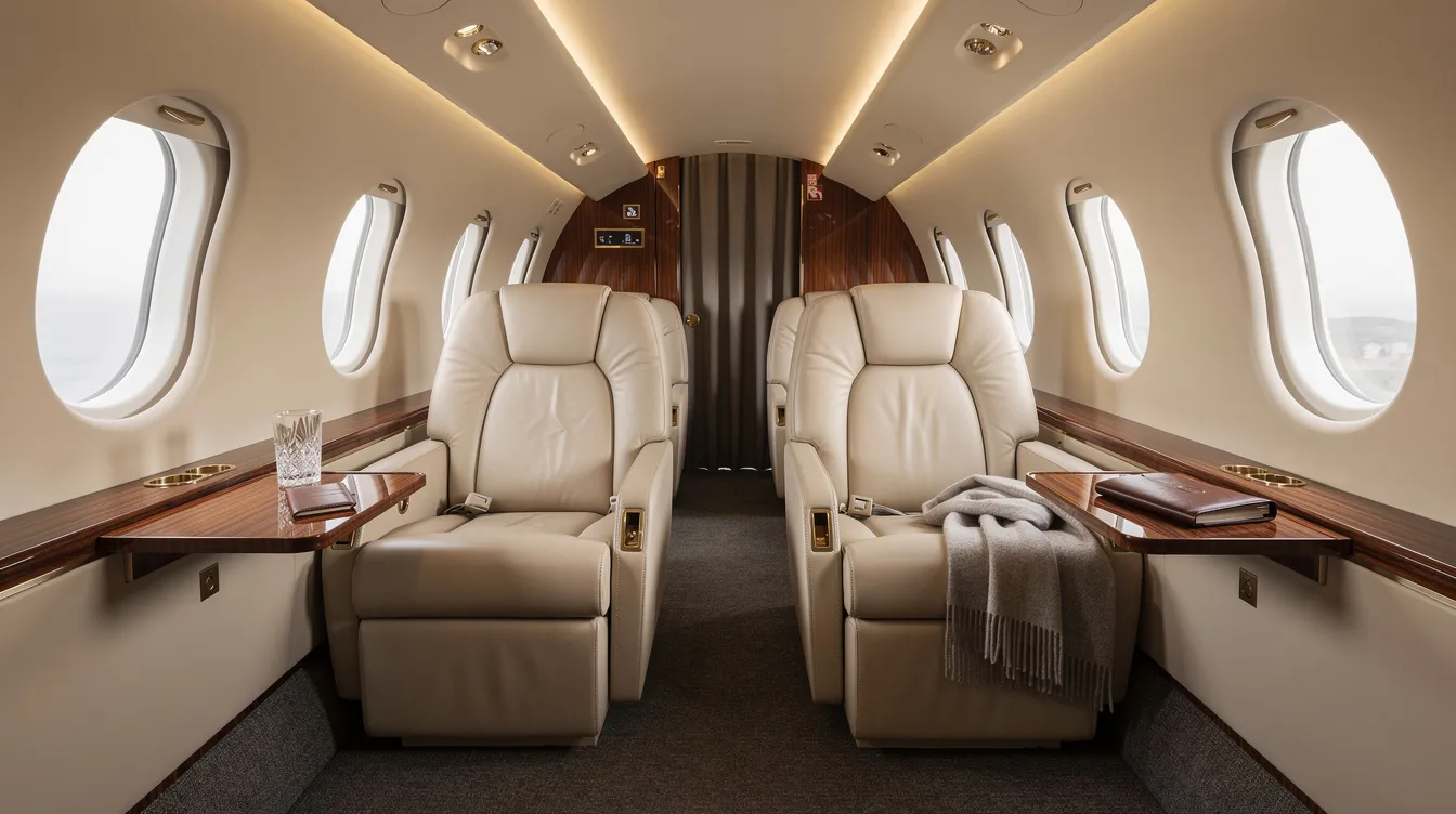 The image depicts the interior of a midsize private jet cabin, featuring luxurious leather seats and elegant wood trim, designed for comfort during private jet travel. This spacious cabin exemplifies the high standards of the private jet industry, offering an ideal setting for business or leisure flights.