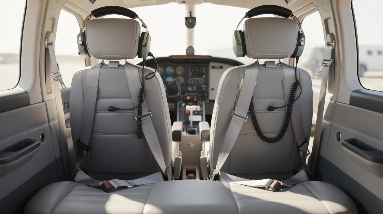 The image shows the interior of a Cessna 172 aircraft cabin, featuring front and rear seats with headsets placed on them, designed for flight training. This four-seat training aircraft is known for its simplistic flight characteristics and is popular among student pilots at flight schools.