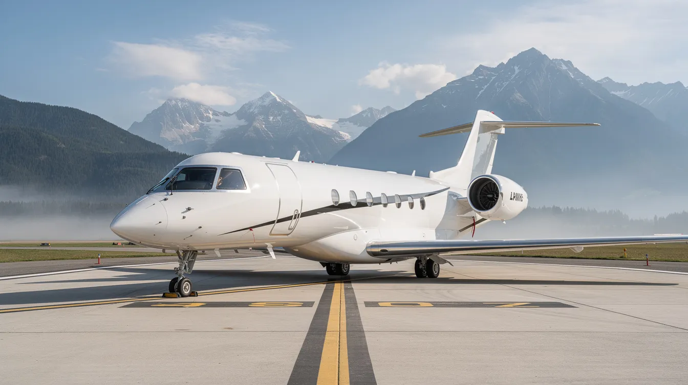 A sleek private jet, resembling a Cessna aircraft, is parked on a runway with majestic mountains in the background. The aircraft features a high wing design and is ready for flight, showcasing its streamlined profile and efficient fuel capacity.