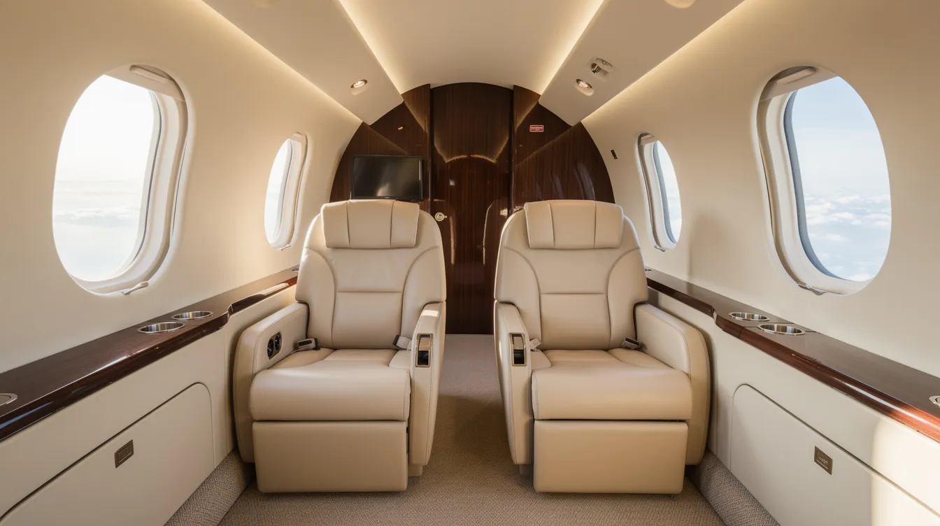 The image depicts the interior cabin of a midsize private jet, showcasing luxurious leather seats and elegant wood trim, designed for comfort and personal service. This sophisticated aircraft offers a spacious environment for business or leisure travel, ensuring a premium flying experience.