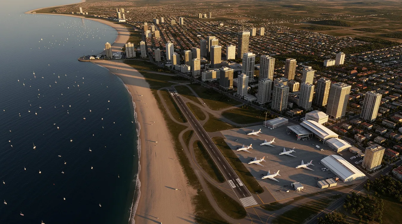 An aerial view showcases a coastal city with a small airport where several private jets are parked, highlighting the personal service and operations of the aviation industry. The scene reflects the bustling activity of aircraft and the leisure travel options available in this vibrant location.