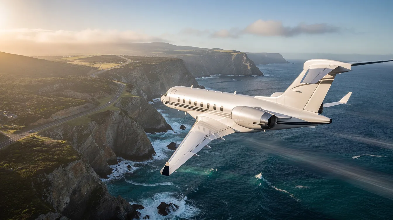 A sleek business jet soars above a stunning coastal landscape, showcasing the beauty of the ocean and cliffs below. This image highlights the elegance of aviation, while subtly reflecting the current trends in jet fuel spot prices and the overall cost of aviation fuel.