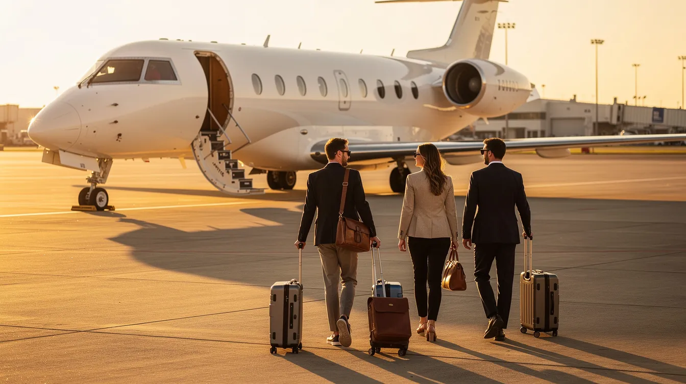 A group of travelers is walking toward a sleek private jet parked on the tarmac, ready for their journey. The scene highlights the luxury of private air travel, where the cost of aviation fuel plays a significant role in the overall expenses of operating such aircraft.