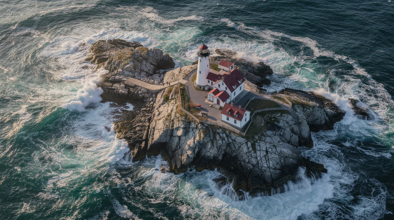 Aerial view of the iconic Portland Head Light lighthouse standing tall on the rugged Maine coast, with waves crashing against the rocky shoreline below. This breathtaking scene captures the beauty of coastal Maine, perfect for those interested in scenic flights and private helicopter charters.