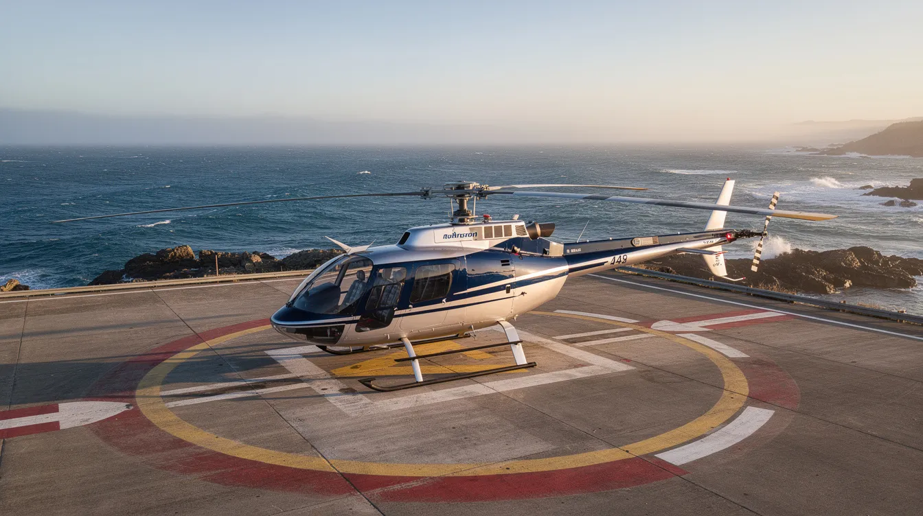 A Robinson R44 helicopter is parked on a coastal helipad, with the vast ocean stretching out in the background, showcasing the breathtaking views of the Maine coast. This scenic flight destination offers a unique opportunity for visitors to experience the beauty of the coastline and iconic lighthouses.