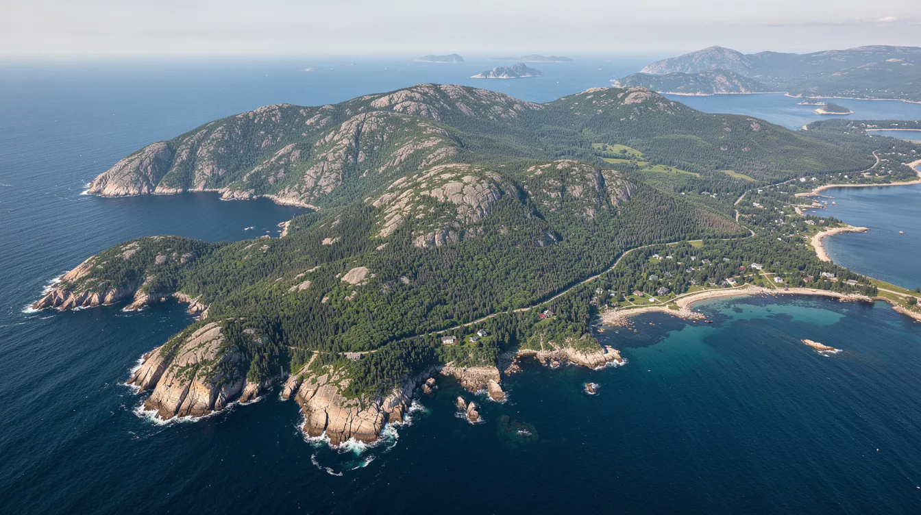An aerial view of Mount Desert Island showcases its forested mountains seamlessly blending into the Atlantic Ocean, highlighting the breathtaking views of the Maine coast. This scenic flight offers a unique perspective of the coastline and iconic lighthouses, making it an unforgettable experience for visitors interested in exploring coastal Maine.