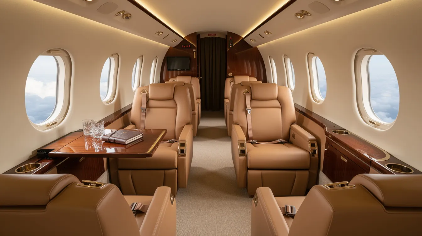 The image showcases a luxurious aircraft cabin interior featuring leather club seating arranged in a four-place club configuration, complemented by elegant wood accents. This spacious cabin is designed for maximum comfort during long-range flights, typical of ultra long range business jets like those produced by Gulfstream Aerospace Corporation.