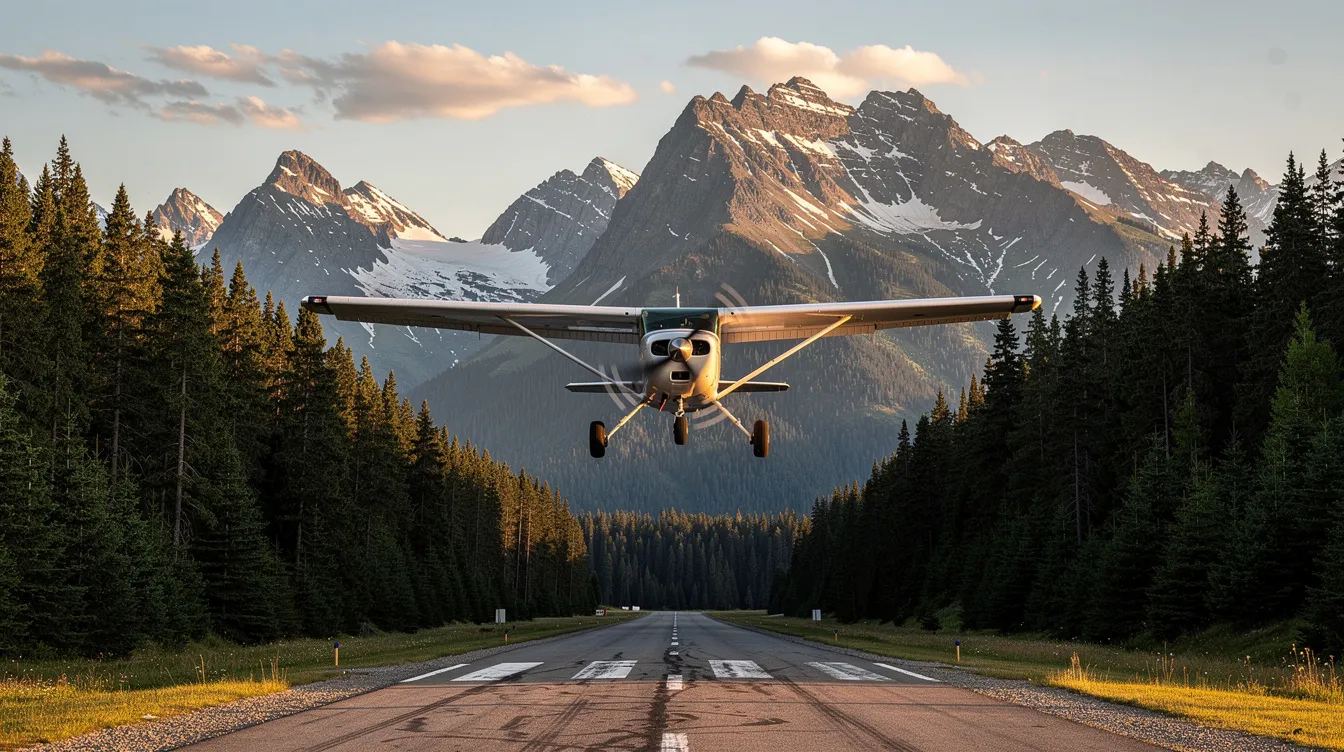 A small Pilatus PC-12 aircraft is landing on a mountain runway, surrounded by tall pine trees, showcasing its versatility and reliability for private flights. The scene captures the aircraft's impressive capabilities as it prepares for a smooth arrival in a scenic destination.