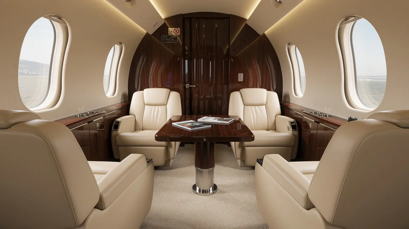 The image depicts the luxurious interior of a Pilatus PC-12 aircraft cabin, featuring plush leather club seats and elegant wood trim that enhance the private flight experience. The spacious layout includes a flat floor and a fully enclosed lavatory, making it ideal for short trips and travelers seeking comfort and style.