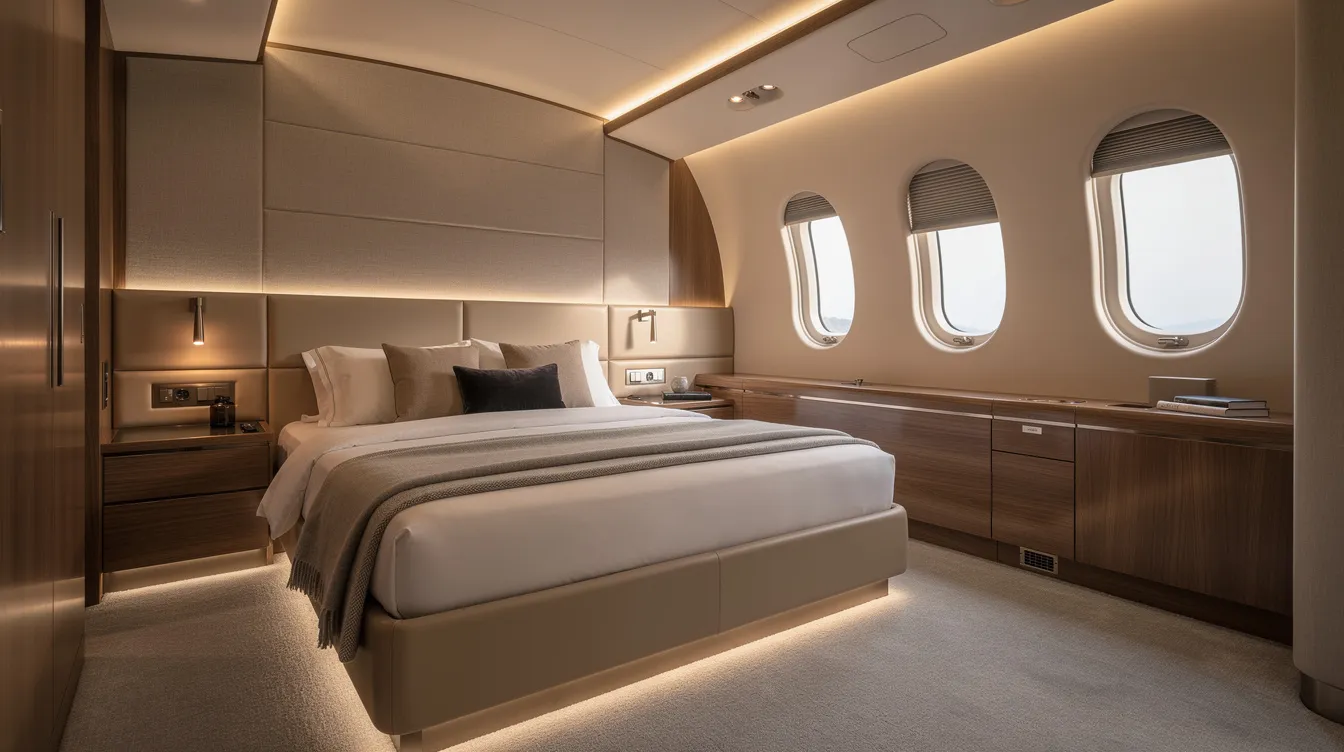 The image depicts a luxurious master bedroom within an opulent private jet, featuring a queen bed adorned with ambient lighting that creates a serene atmosphere. This space exemplifies unmatched comfort and sophistication, designed for the world's elite travelers seeking the ultimate in private aviation.