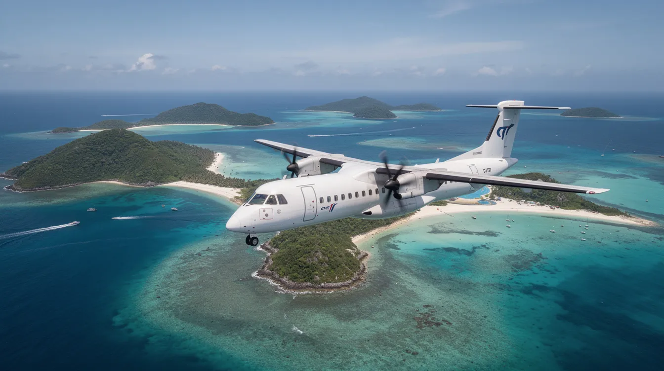 An ATR aircraft, specifically the ATR 72, is soaring above picturesque coastal islands, showcasing its powerful engines and efficient flight capabilities, while the clear blue waters below reflect the beauty of the landscape. This scene highlights the operational capabilities and strong demand for ATR series aircraft in the aviation market.