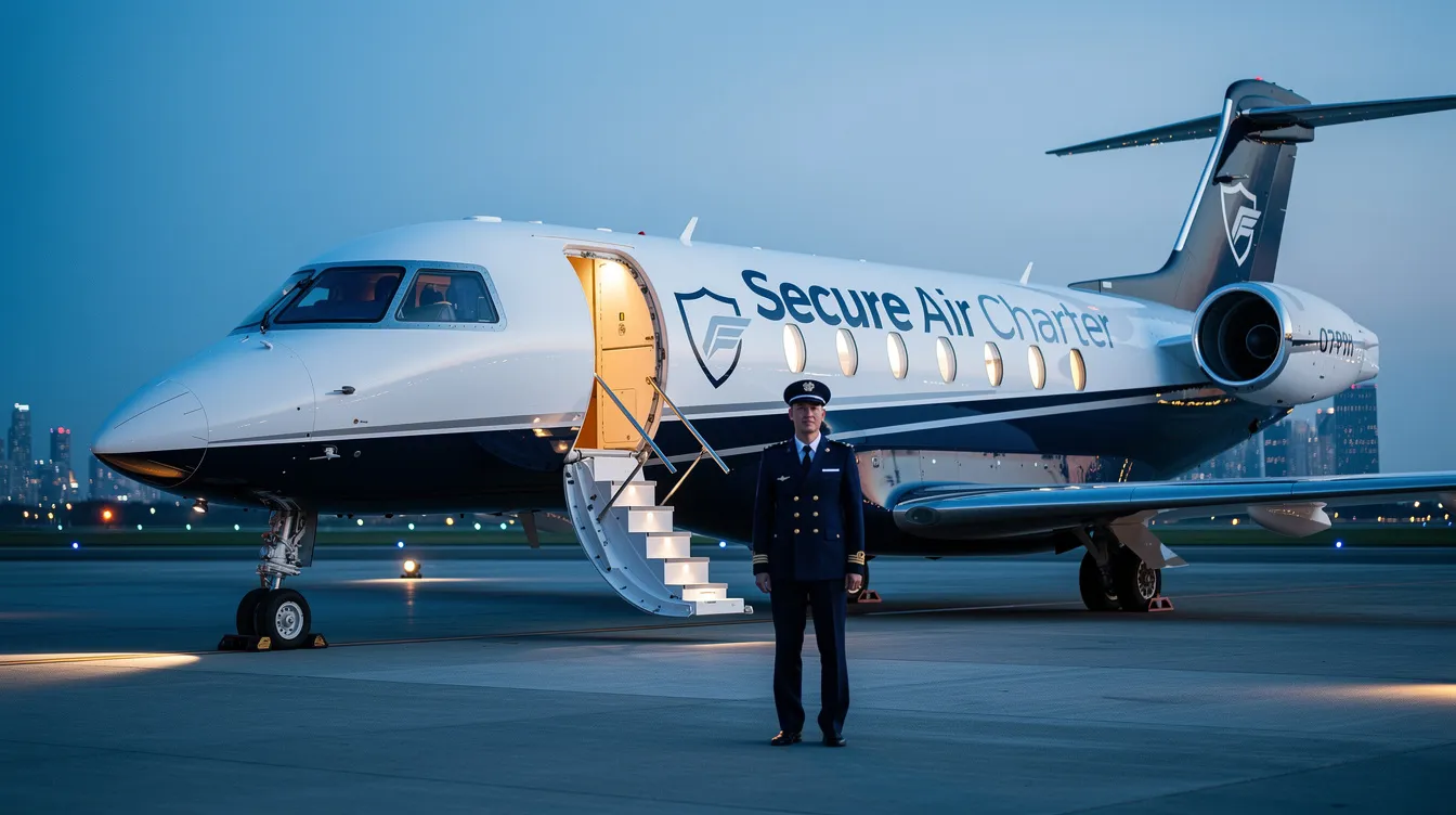 The image showcases the exterior of a modern secure air charter facility at Nashville International Airport, featuring the company logo prominently displayed on the building. The scene emphasizes the commitment to exceptional customer service and comprehensive aircraft management, reflecting the premier trusted choice for private aviation in the Mid South region.