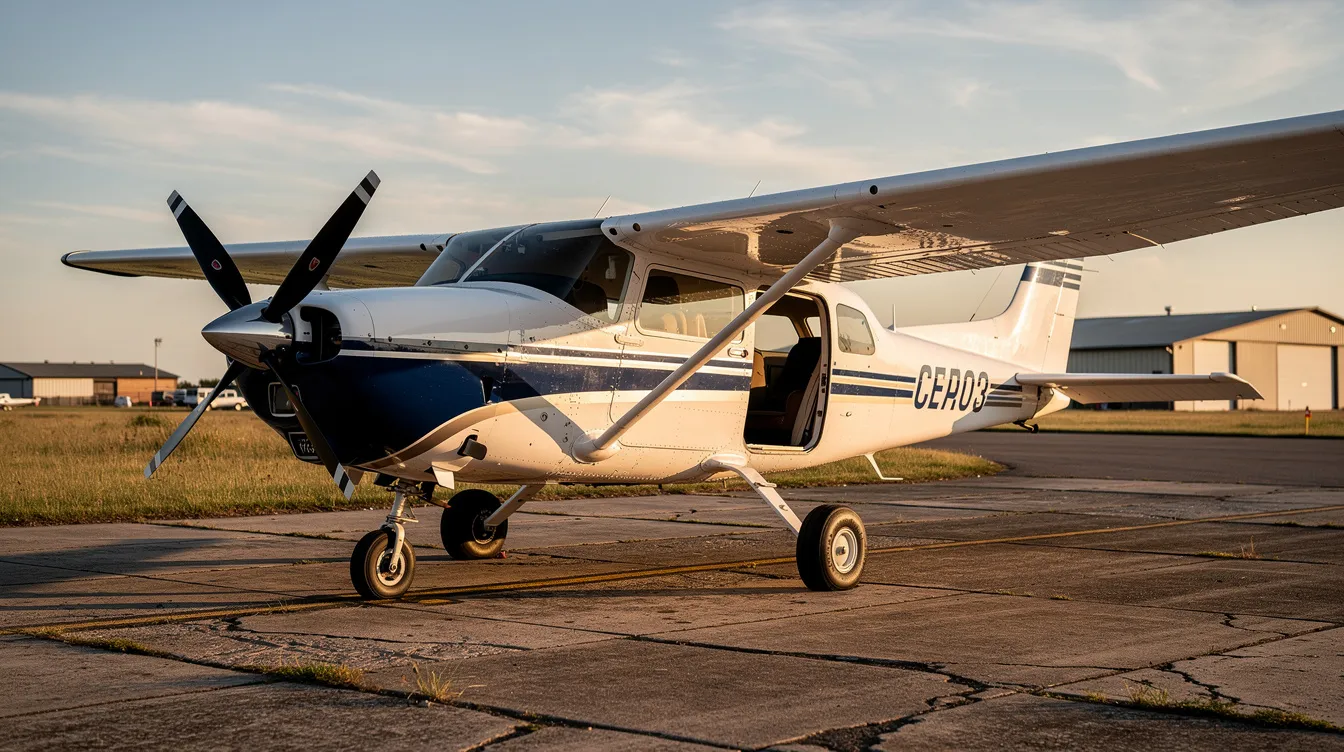 The image features a Cessna 206, a high-wing aircraft designed to accommodate up to six passengers, showcasing its spacious cabin and double doors. Key elements visible include the instrument panel with an airspeed indicator and throttle controls, highlighting the aircraft's cruise speed and performance capabilities.
