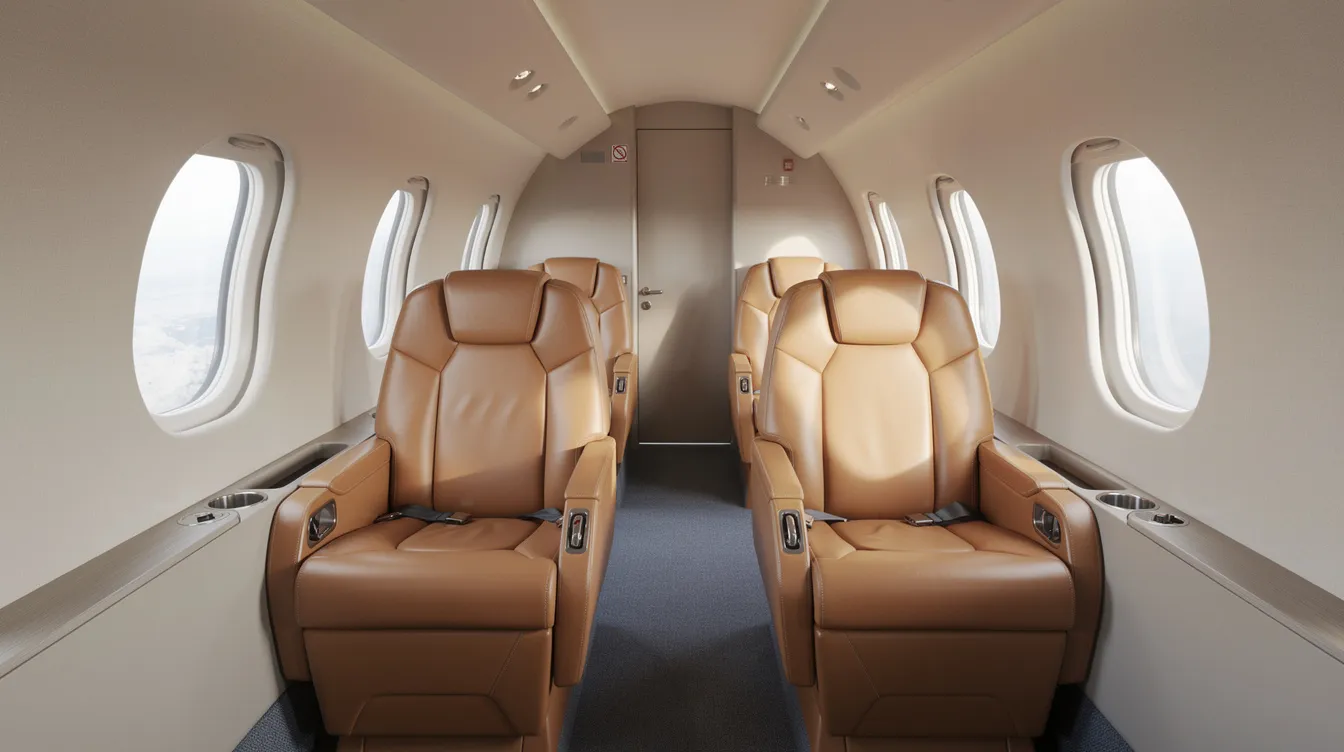 The image shows the interior of a small aircraft cabin, featuring comfortable leather seats and ample natural lighting, designed to accommodate up to five passengers. The layout includes an instrument panel and controls that enhance the flight experience, typical of models like the Cessna 206, known for its performance and cruise speed.