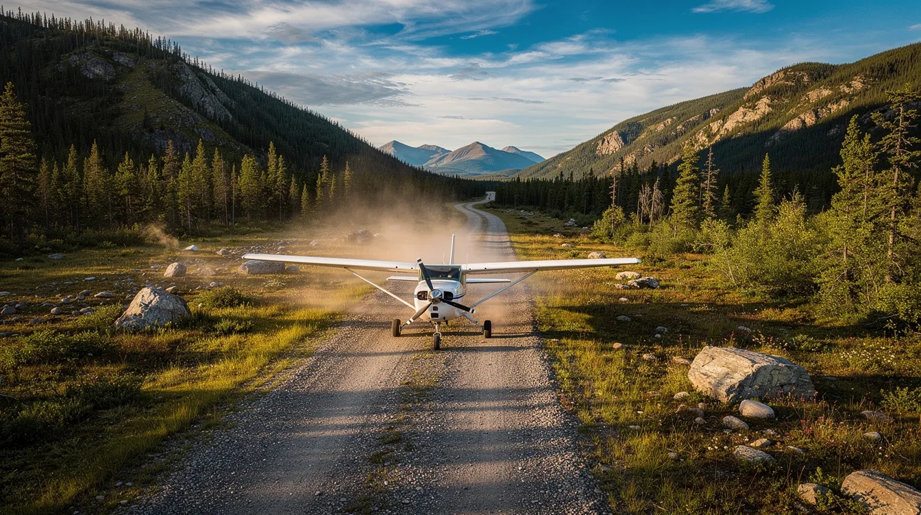 A small Cessna 206 aircraft has landed on a short gravel airstrip, surrounded by lush wilderness. The aircraft, designed for a maximum takeoff weight suitable for carrying five passengers, showcases its high wing and landing gear, with the pilot preparing for taxi on the rugged terrain.