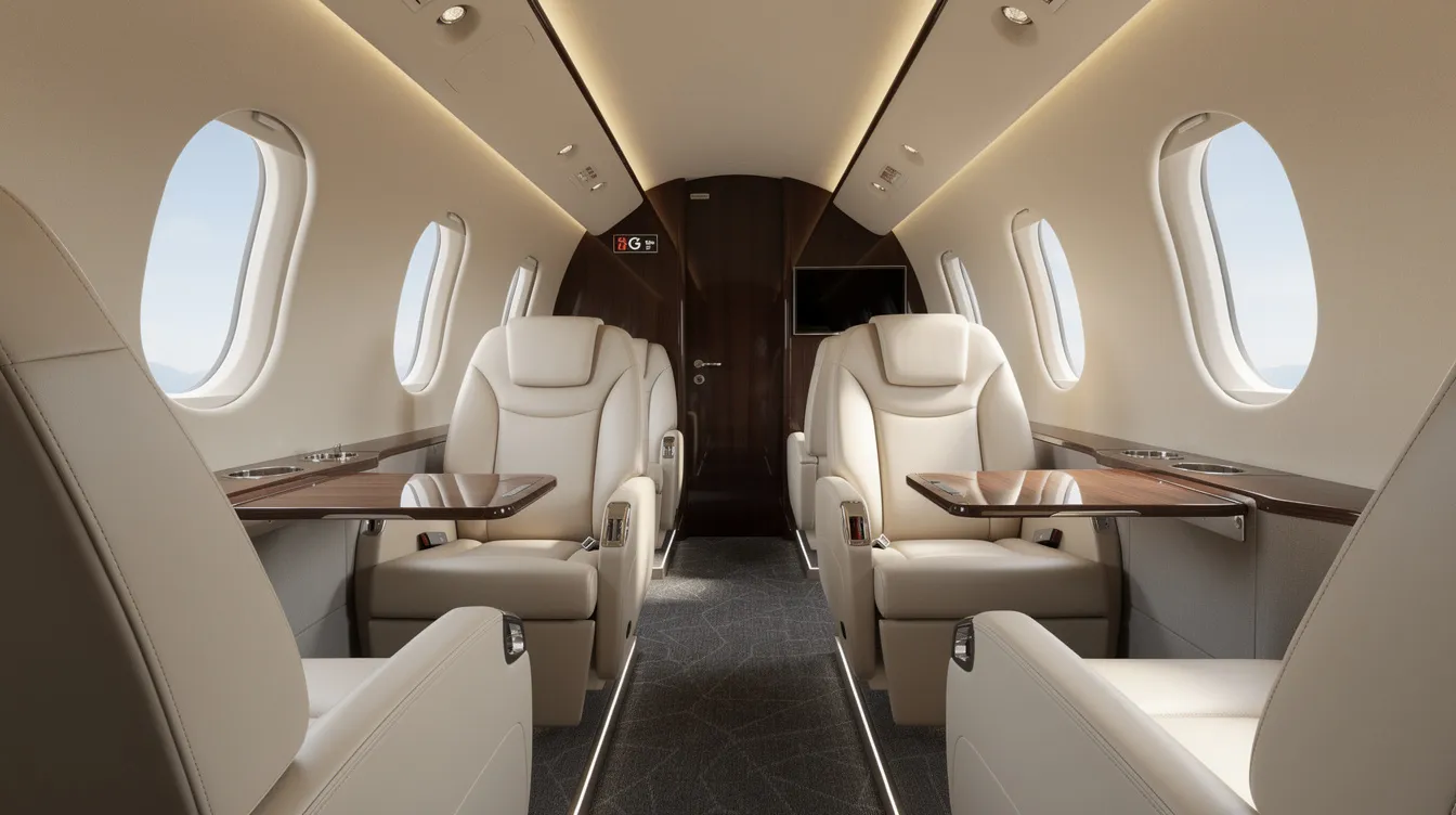 The image depicts the interior of a modern private jet cabin, featuring luxurious leather seats designed for comfort and elegance, ideal for business aviation. This stylish space offers passengers a high level of service and reliability, making it perfect for flights from Stewart International Airport or other locations in New York.