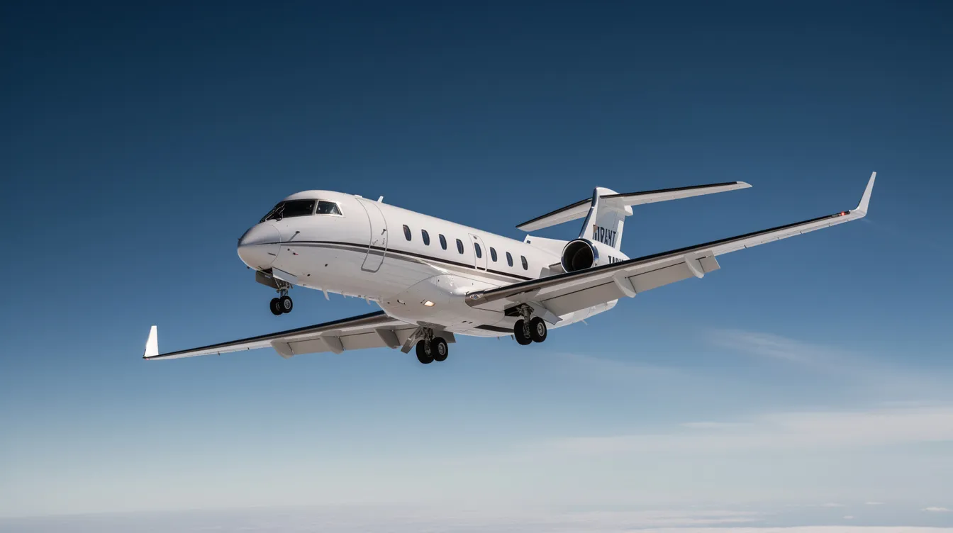 A midsize business jet is soaring through a clear blue sky, symbolizing the excellence of business aviation and the commitment to safety and reliability for aircraft owners and operators. This image captures the essence of modern flights, reflecting the high standards and value that come with jet charter services in New York.