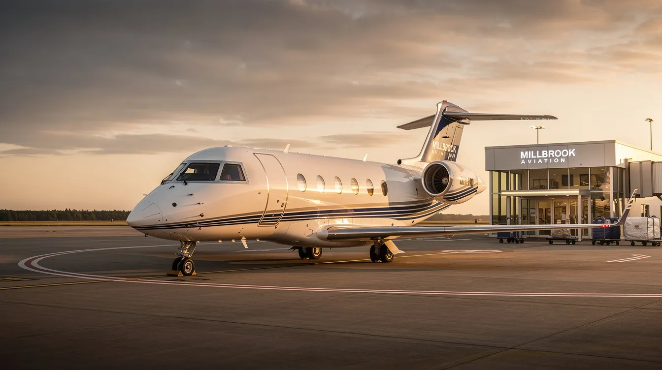 The image showcases the Millbrook Aviation logo, symbolizing a company dedicated to business aviation, located near Stewart International Airport in New Windsor, NY. It emphasizes their commitment to providing high-quality jet charter services, aircraft acquisition, and maintenance for aircraft owners and operators, ensuring safety and reliability for all passengers.