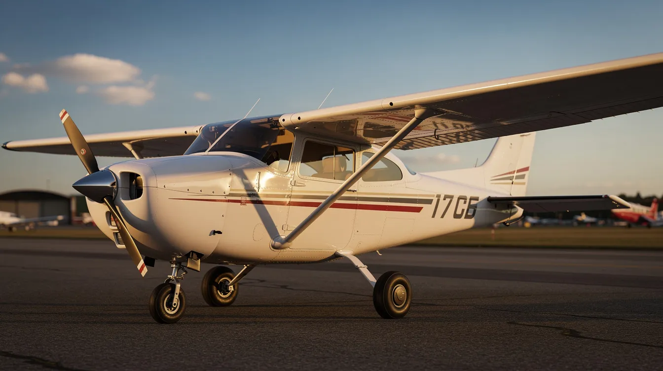 The image features a 1961 Cessna 172B airplane, showcasing its sleek design and classic features typical of this model. The aircraft is positioned on a runway, highlighting its airframe and propeller, ready for flight and available for sale to potential pilots and customers.