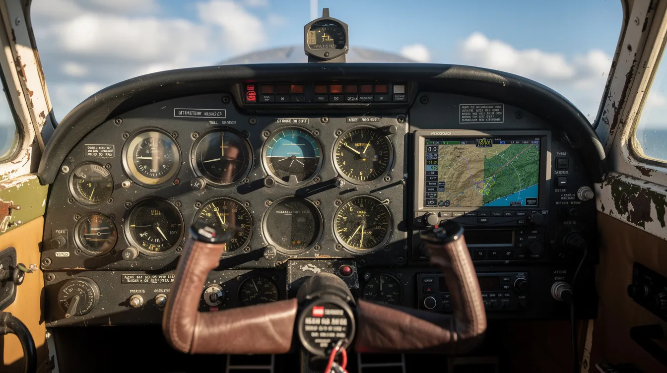 The image showcases the vintage cockpit of a 1961 Cessna 172B aircraft, featuring a blend of classic analog gauges alongside a modern GPS display, highlighting the evolution of flight technology. This interior view emphasizes the practicality and functionality of the airplane, appealing to pilots and aviation enthusiasts alike.