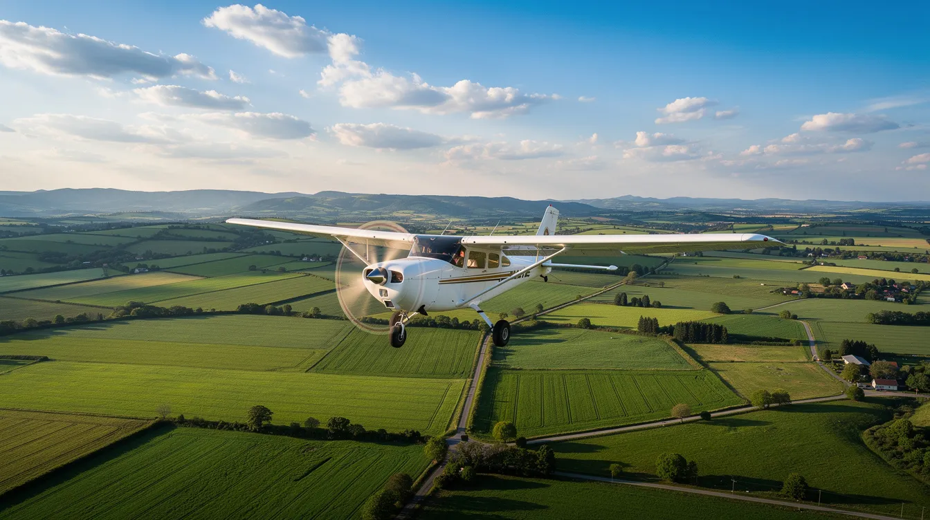 A small single-engine Cessna 172B airplane is soaring over a lush green countryside dotted with fluffy clouds, showcasing the beauty of flight. This aircraft, ideal for pilots and enthusiasts, represents a practical option for those interested in purchasing a reliable model for their flying adventures.