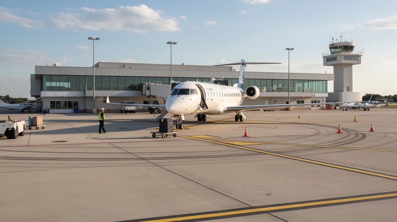 A regional jet aircraft is parked at a smaller regional airport terminal, showcasing the design typical of regional airlines. This setting highlights the important role of airline pilots in connecting communities through air travel, often serving as a stepping stone for many pilots in their aviation careers.