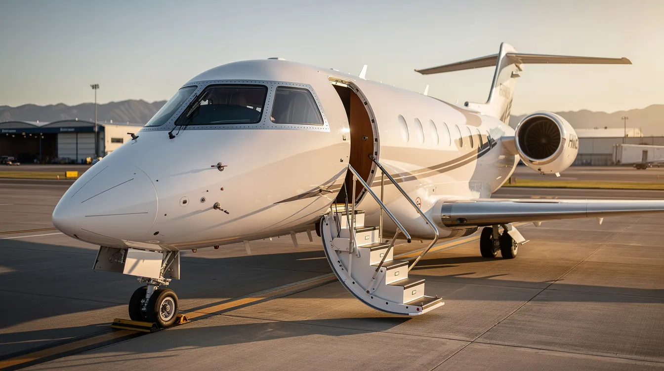 A private business jet is parked on the tarmac with its stairs extended, ready for passengers to board. This light aircraft is designed for efficiency and comfort, with careful consideration of key weight terms such as maximum takeoff weight (MTOW) and fuel weight to ensure optimal performance during flight.